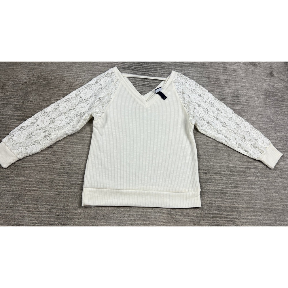 Daytrip Top Womens Small Cream Lace Sleeve V-Neck Ribbed Knit J76441CHMYP Boho